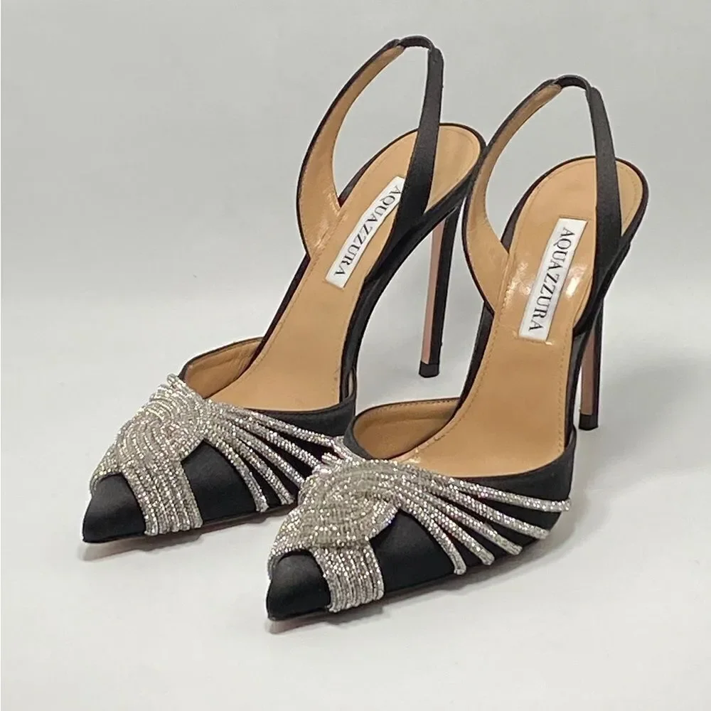 Aquazzura Gatsby Crystal-Embellished Satin Pumps size 37 - Picture 5 of 14